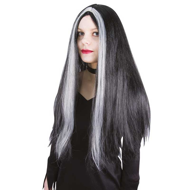 Perruque Sorci&egrave;re noire m&egrave;ches blanches femme