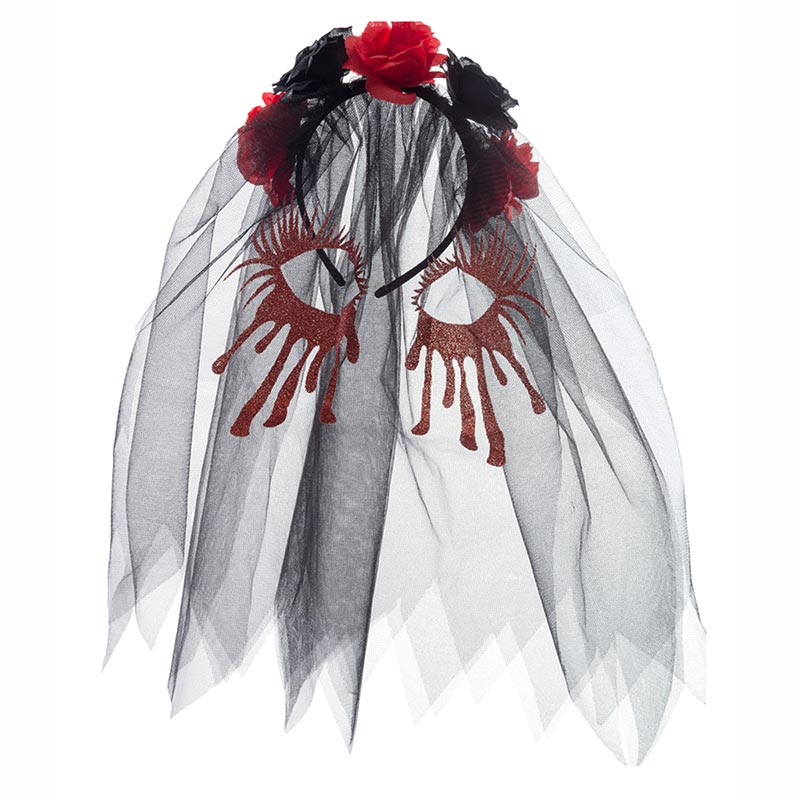 Serre-t&ecirc;te avec roses et voile noir ensnaglant&eacute;