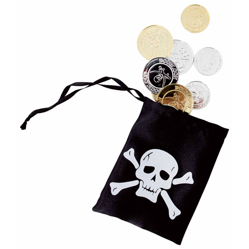 Bourse de Pirate Noire avec 12 Pi&egrave;ces Dor&eacute;es et Argent&eacute;es