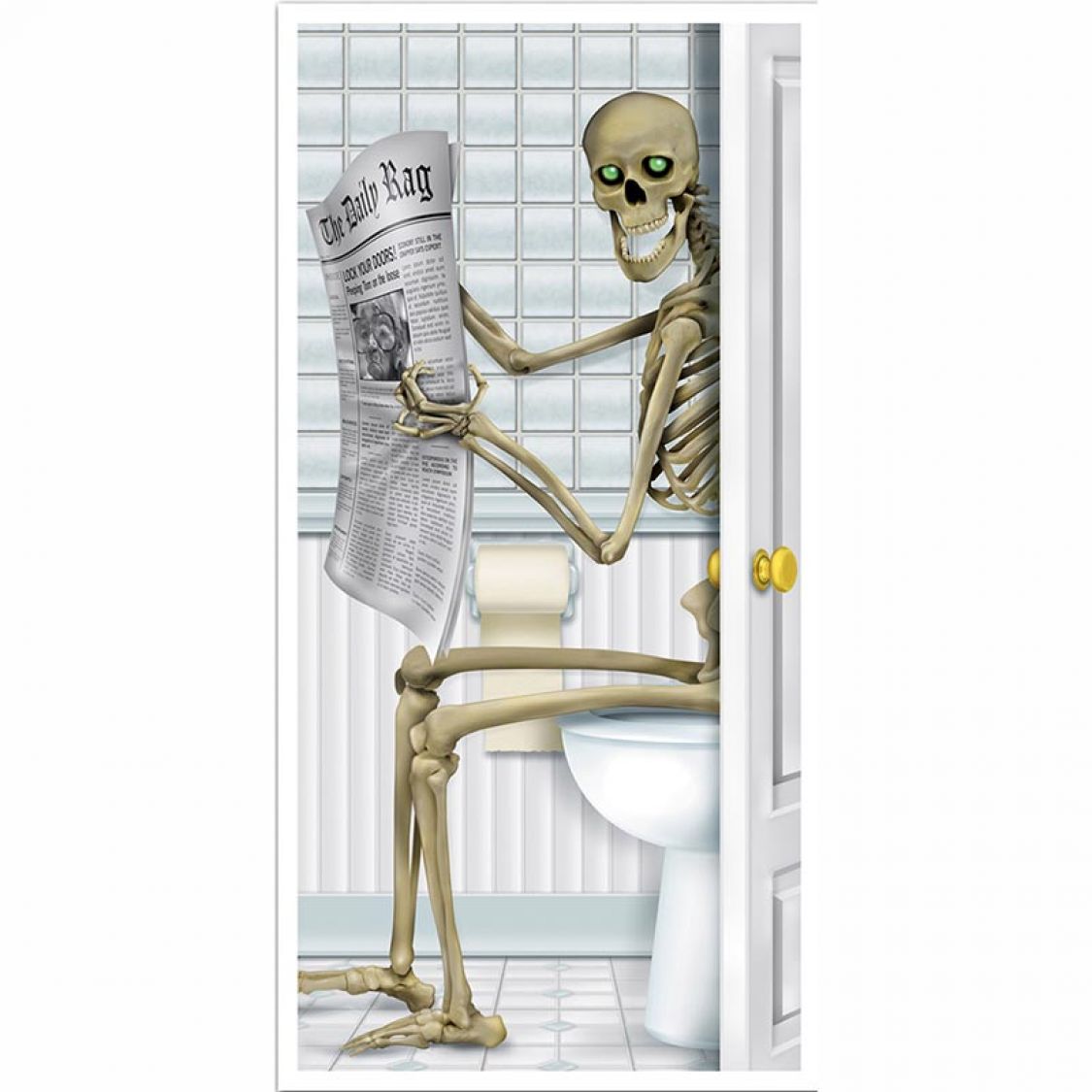 Décoration porte squelette aux toilettes