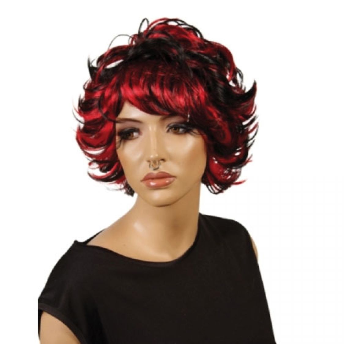 Perruque Cheveux en pétard noir et rouge femme