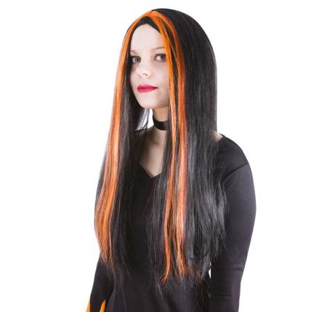 Perruque Sorci&egrave;re noire m&egrave;ches oranges femme