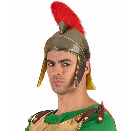 Casque de Romain tissu or avec cr&ecirc;te rouge en plumes