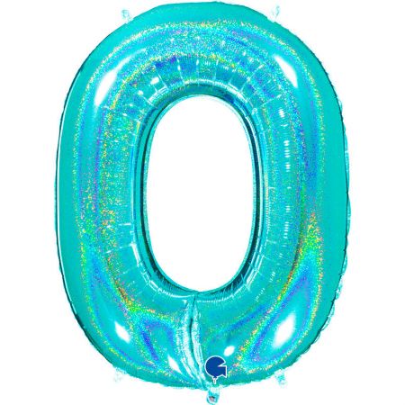 Ballon chiffre 0 Turquoise Holographique
