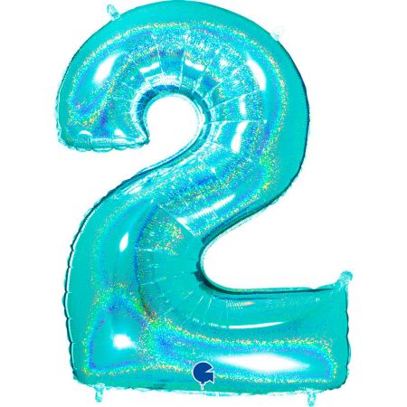 Ballon chiffre 2 Turquoise Holographique
