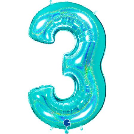 Ballon chiffre 3 Turquoise Holographique