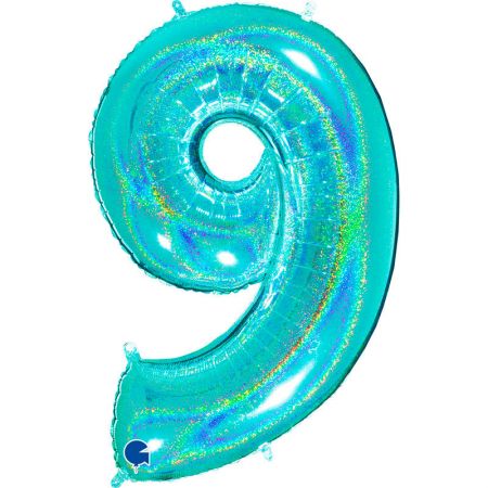 Ballon chiffre 9 Turquoise Holographique