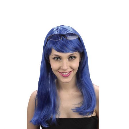 Perruque Longue Raide &agrave; Frange Bleu