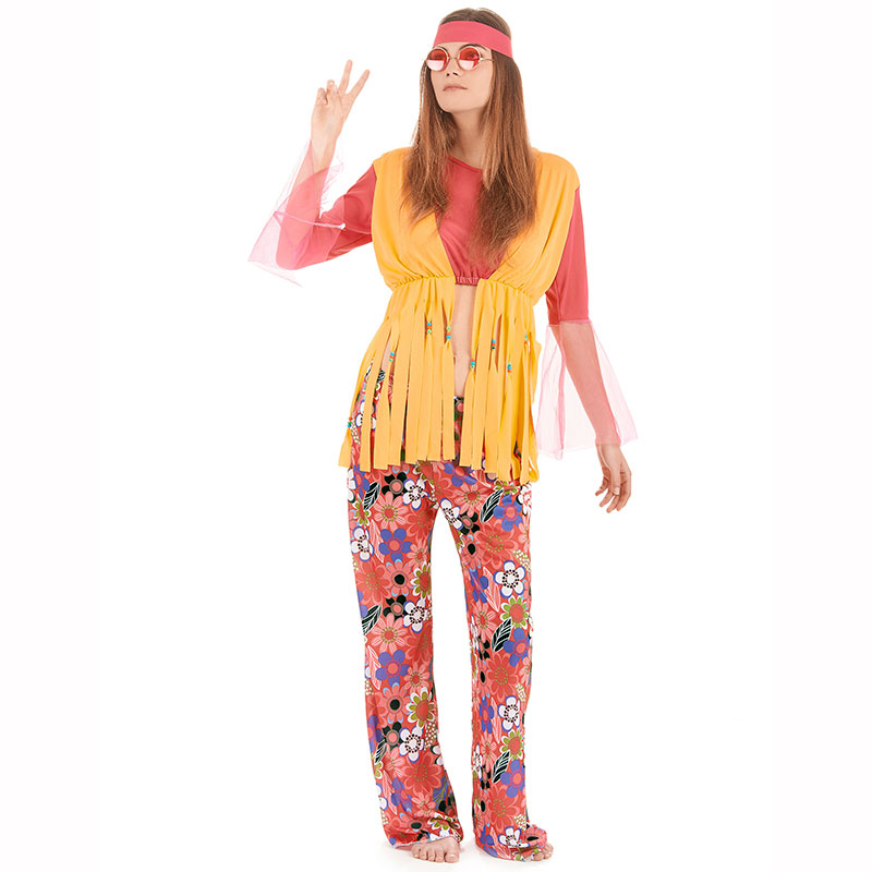 Déguisement hippie femme jaune et violet