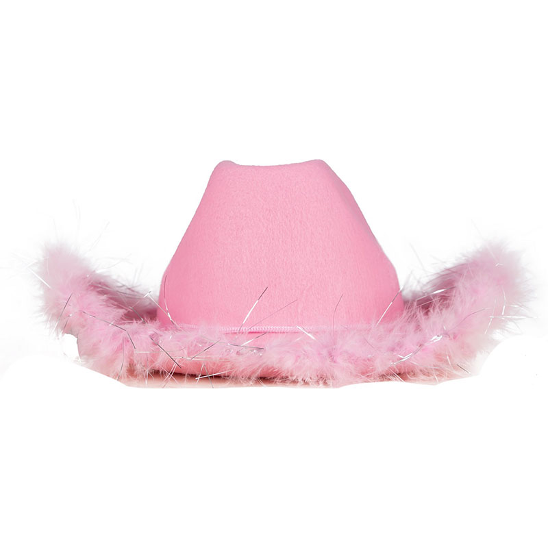 Chapeau Feutre Cow Girl rose avec plumes