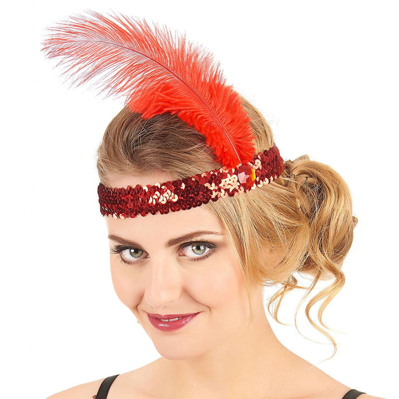 Bandeau charleston sequins avec plume rouge