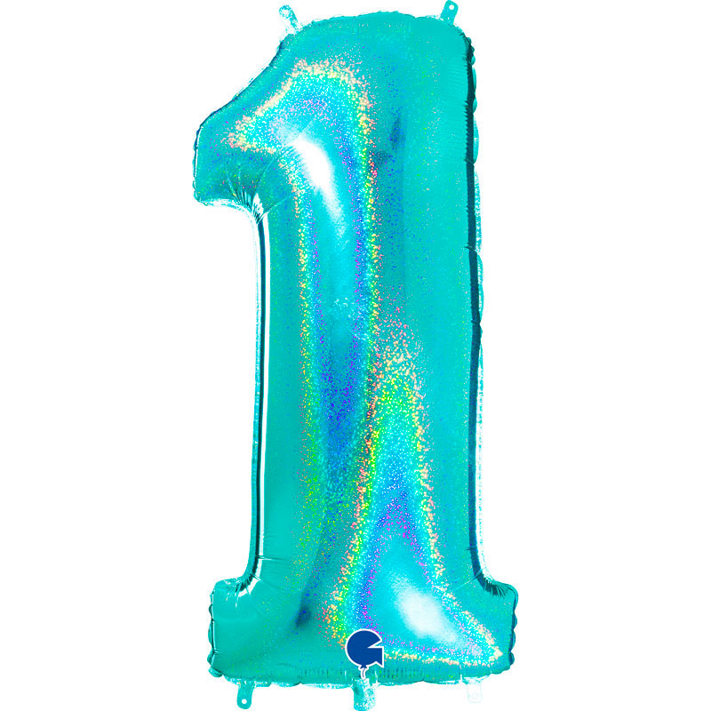 Ballon chiffre 1 Turquoise Holographique