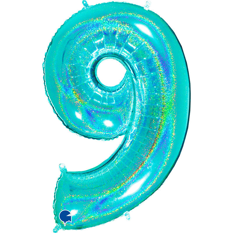Ballon chiffre 9 Turquoise Holographique