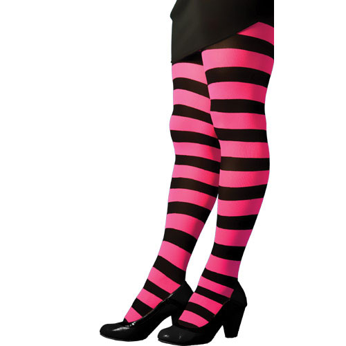 Collant rayé opaque noir et rose fluo