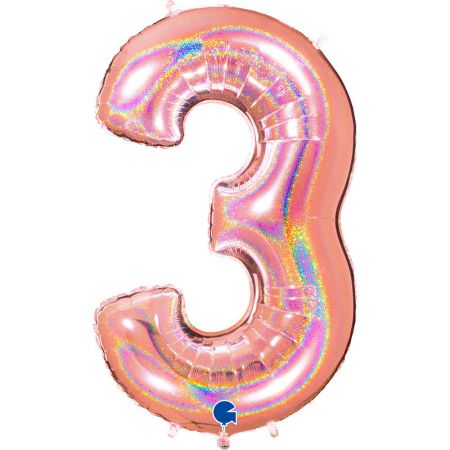 Ballon chiffre 3 Rose Gold Holographique