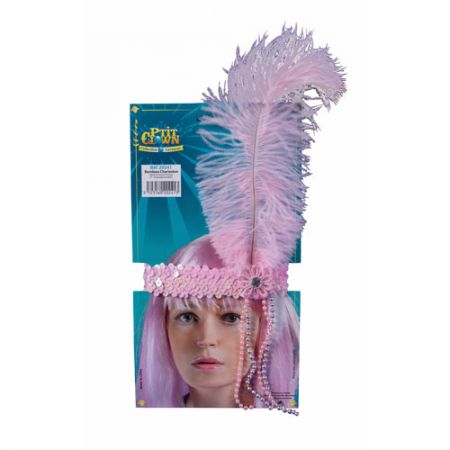 Bandeau charleston sequins plumes faux diamant et perles-rose