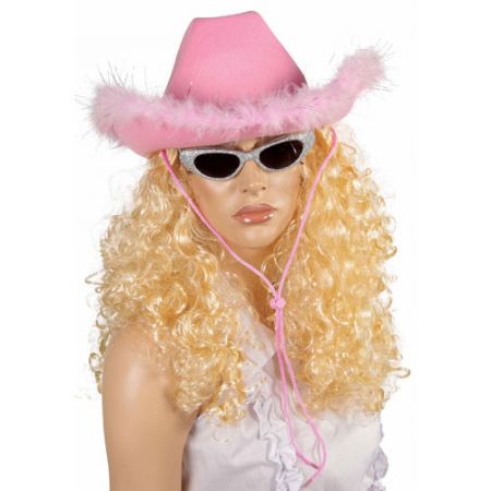 Chapeau Feutre Cow Girl rose avec plumes