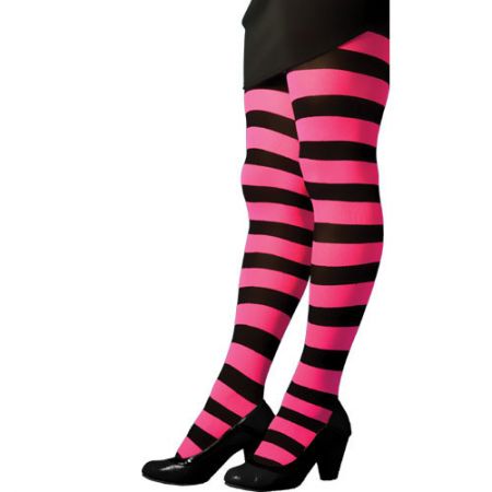 Collant rayé opaque noir et rose fluo